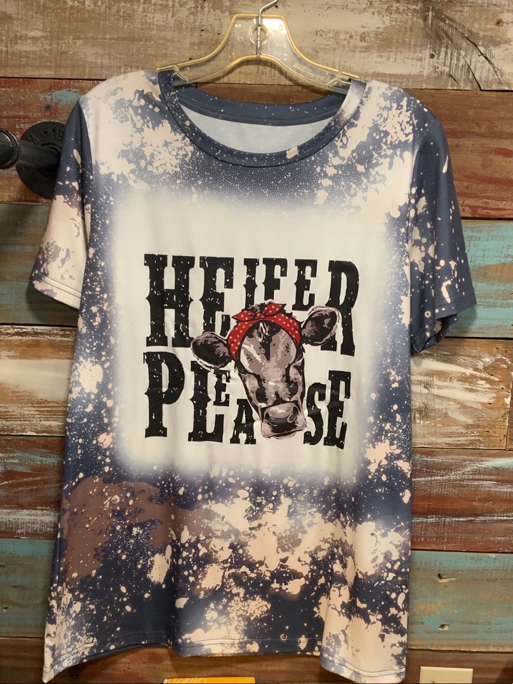 “Heifer Please' Cow Graphic Tee - Blue & White
